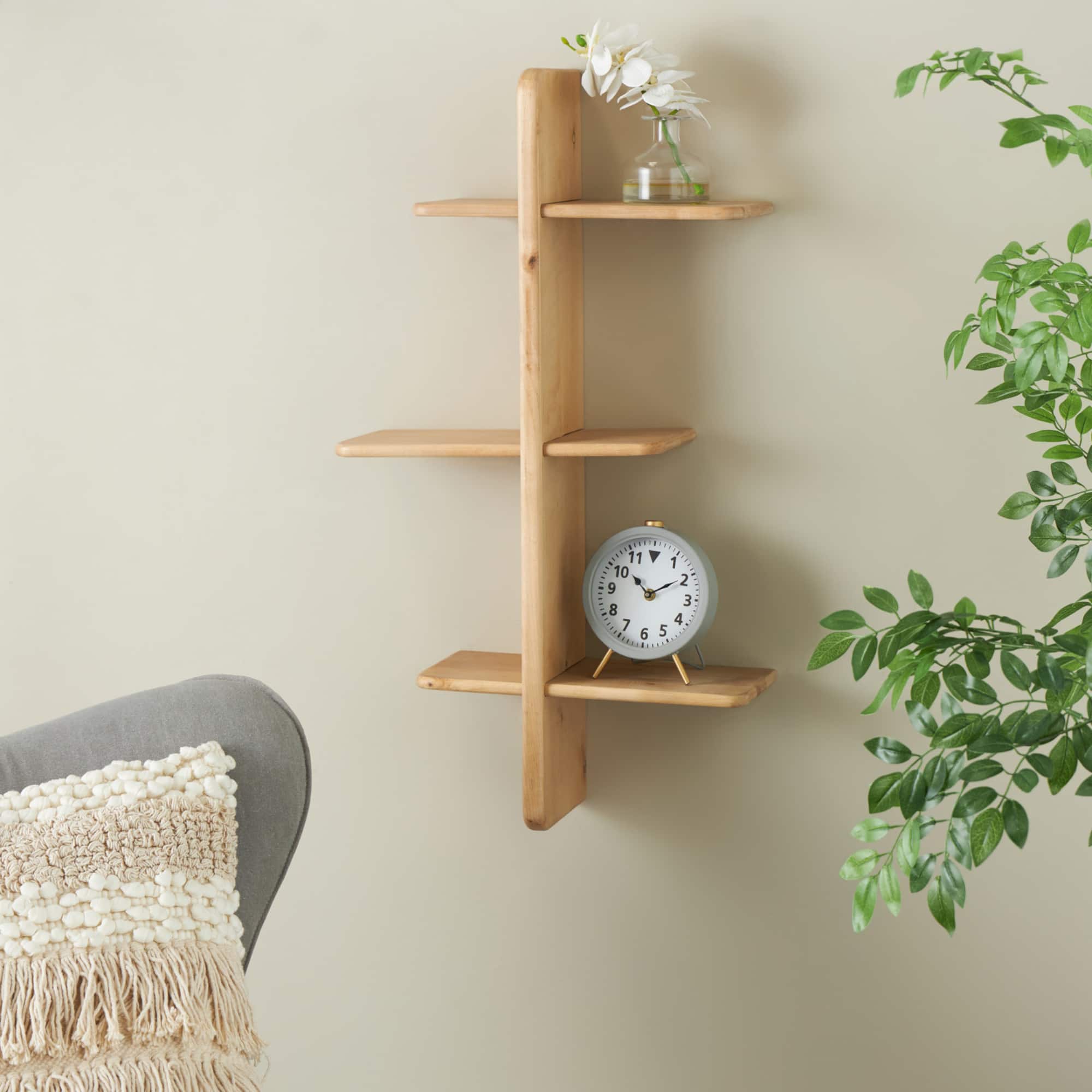 19" x 33" 6-Shelf Light Brown Wood Handmade Wall Shelf